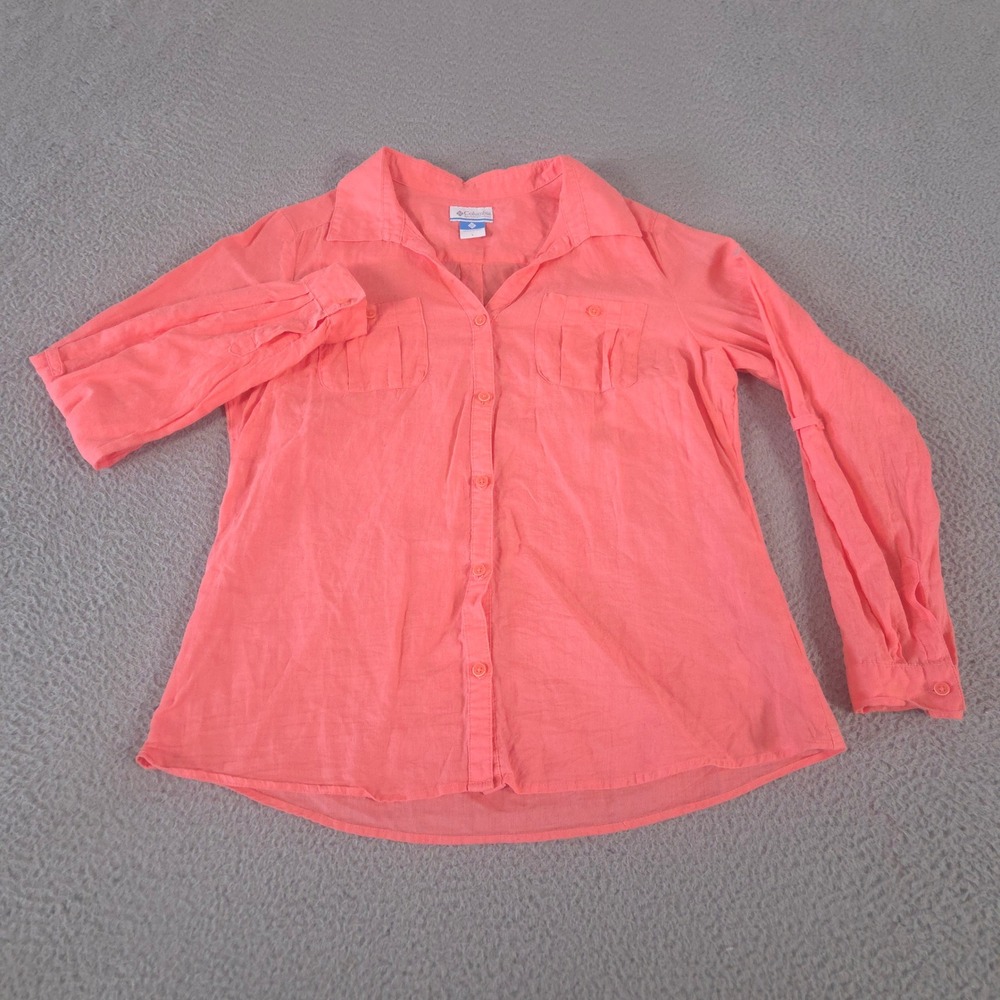Columbia Shirt Womens Large Coral Pink Linen Cotton Blend Roll Tab Sleeve Hiking